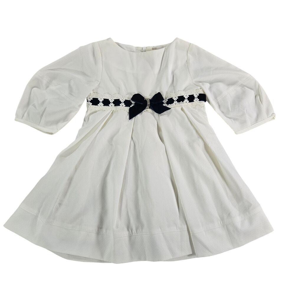 BeesBear Girls Size 4 White Winter Holiday Dress Navy Bow Lace Christmas EUC